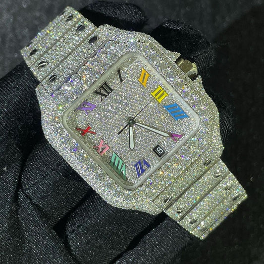 MW Fully Moissanite  Premium Square Roman Dial  Watch Automatic Movement   Studded Watch Hip Hop Bust Down VVS  Iced Out  MW_C1028