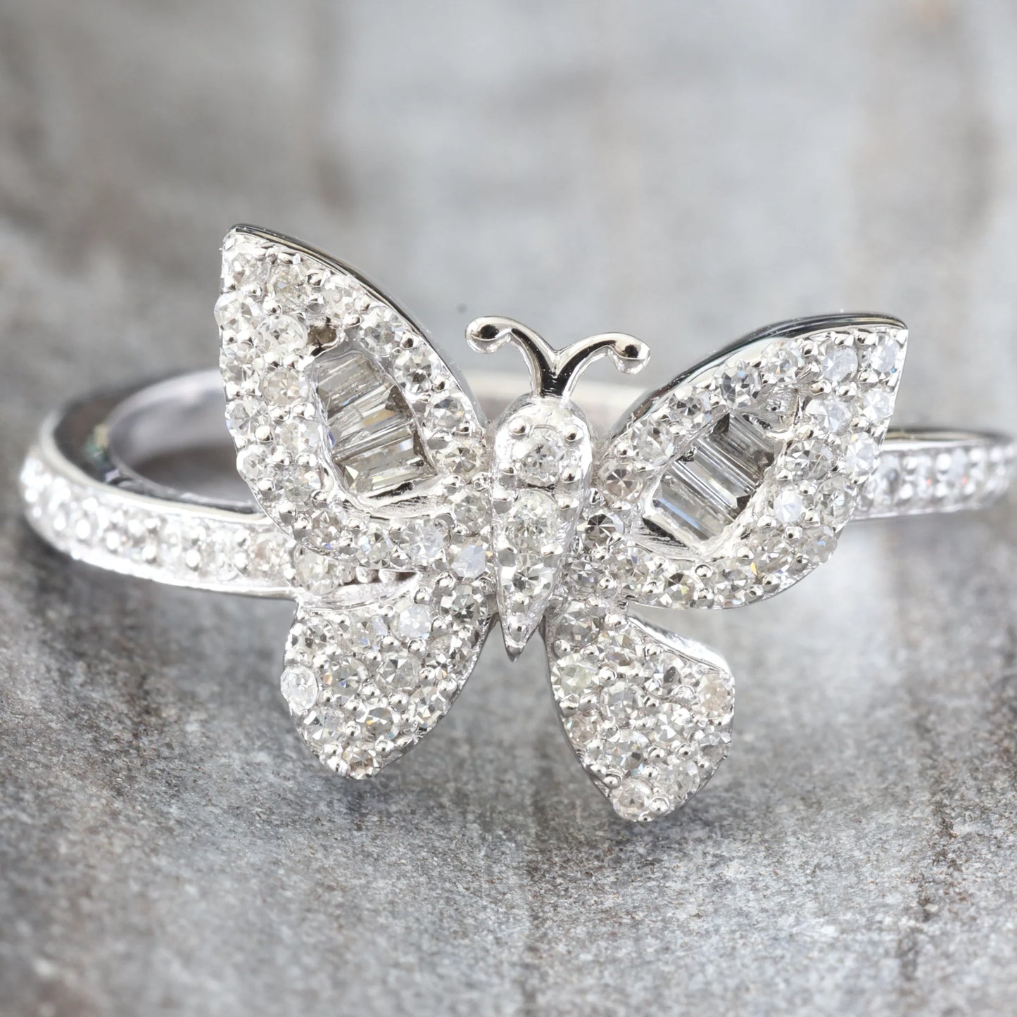 "Moissanite Butterfly Ring with Round & Baguette Stones – 0.45ctw VVS D-Color 925 Sterling Silver Statement Jewelry for Women"