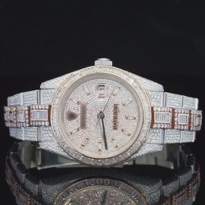 Classic Round & Baguette Iced Out Moissanite Diamond Watch – Luxury VVS Automatic Bust down Bling Watch for Men