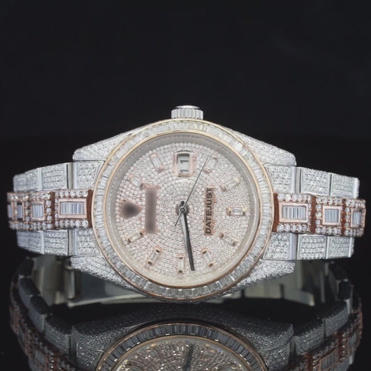 Classic Round & Baguette Iced Out Moissanite Diamond Watch – Luxury VVS Automatic Bust down Bling Watch for Men