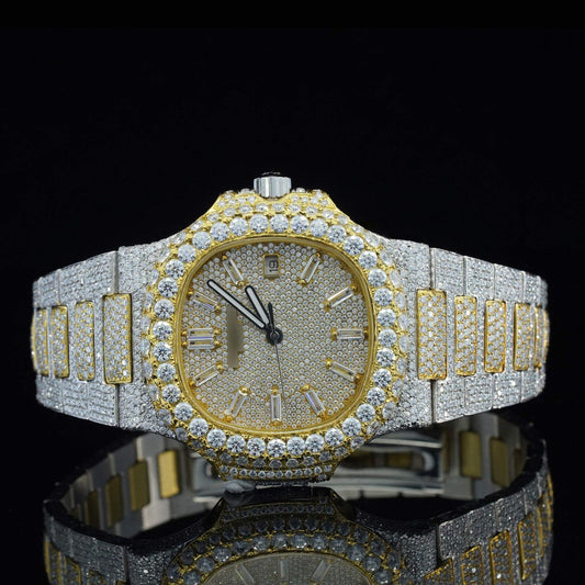 Classic Two-Tone Moissanite Diamond Watch – Luxury Fully Iced Out VVS Automatic Buss Down Bling Watch for Men