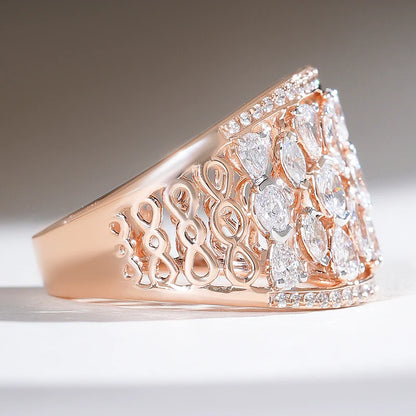 Luxury Rose Gold Statement Ring – 925 Sterling Silver Wide Band with Marquise & Round Cut Moissanite Stones | Elegant Jewelry for Women