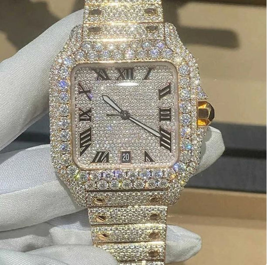 MW  Luxury Studded Watch  Square Roman Dial Hip Hop Bust Down VVS Moissanite Stainless Steel  Iced Out Sterling Silver Personalized Custom Watch MW_C1010