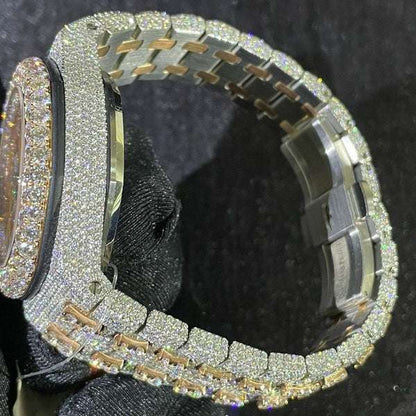 D Color Moissanite Diamond Men's Watch, 42mm Stainless Steel Chronograph, White & Rose Gold Plated Christmas Gift Watch