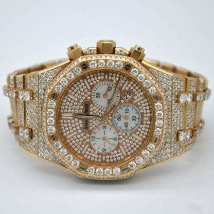 Classic Moissanite Diamond Iced Out Bust Down Automatic Watch, Rose Gold Plated 42mm Men’s Chronograph