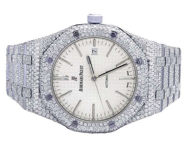 Automatic Iced Out VVS Moissanite Diamond Men's Watch, Stainless Steel White Gold, Arabic Font, 42mm White Dial Watches