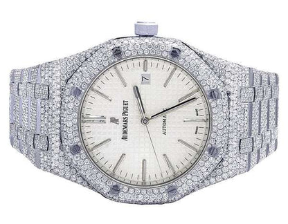 Automatic Iced Out VVS Moissanite Diamond Men's Watch, Stainless Steel White Gold, Arabic Font, 42mm White Dial Watches