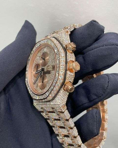 Full Iced Out VVS Baguette & Round Moissanite Diamond Men's Automatic Watch, 42mm Rose Gold Plated Chronograph Working