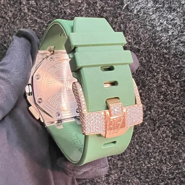 Full Iced Out VVS Diamond Men's Watch, 42mm Green Silicone Band, Chronograph Function