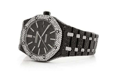 Full Iced Out Black and White VVS Diamond Men's Watch, Stainless Steel Black Gold Plated 42mm – Luxury Chronograph