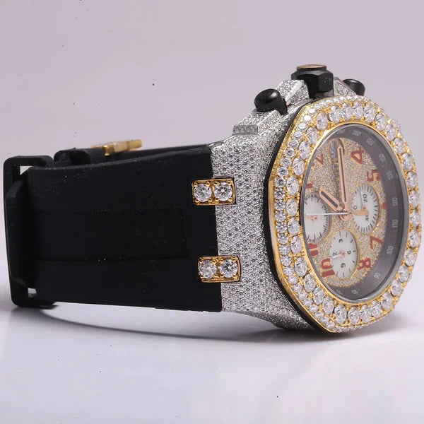 Luxury Iced Out VVS Diamond Men's Watch, 42mm Black Silicone Band, Chronograph Function