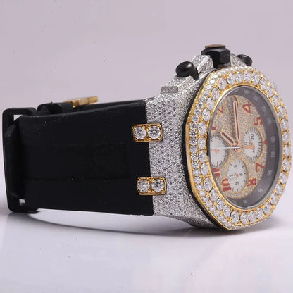 Luxury Iced Out VVS Diamond Men's Watch, 42mm Black Silicone Band, Chronograph Function