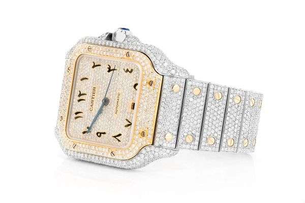 VVS Diamond Men’s Watch - Stainless Steel White & Yellow Gold Plated Arabic Watch for Men, Ideal Birthday Gift