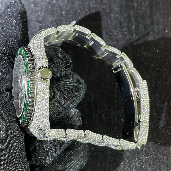 MW Green Baguette Dial Watch Automatic Dial Moissanite Iced Out Stainless Steel  Diamond Hip Hop Bust Down Watch  Studded Movement Watch Fully Iced out Watch MW_R1034