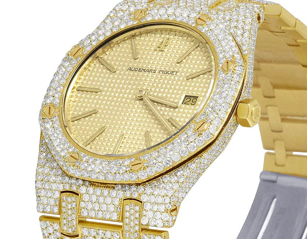 Iced Out VVS Moissanite Diamond Men's Watch, Stainless Steel Yellow Gold Plated, 42mm Luxury Timepiece