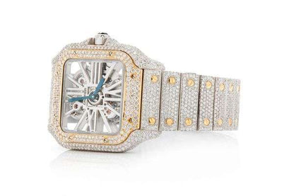 Skeleton VVS Moissanite Men’s Wrist Watch - Luxury Stainless Steel White & Yellow Gold Plated, Iced Out Watch for Birthday Gift