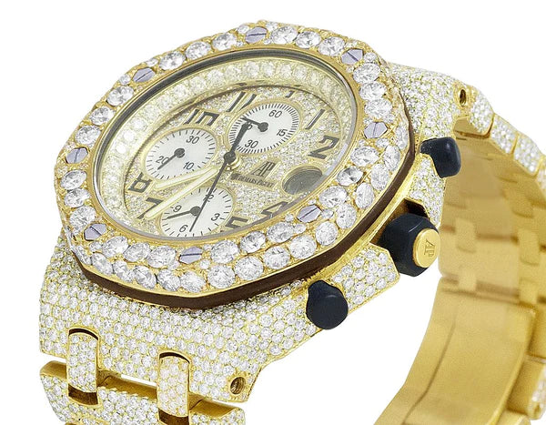 Full Iced Out VVS Diamond Men's Watch, Stainless Steel Yellow Gold Plated, All Chronograph Working, 42mm Luxury Watch