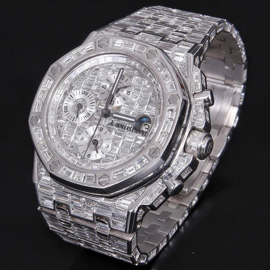 Iced Out D Color Baguette Moissanite Diamond Men's Watch, 42mm Stainless Steel Chronograph White Gold Plated Automatic Wrist Watch