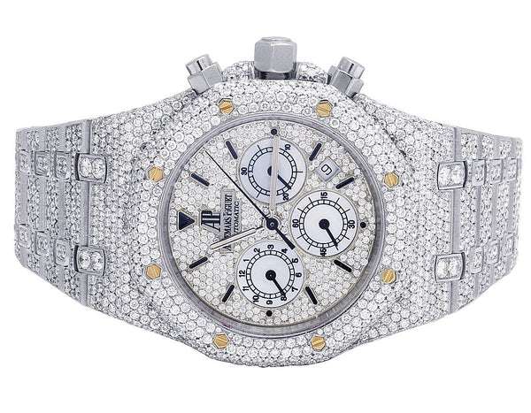 Iced Out VVS Diamond Men's Watch, Stainless Steel White Gold Plated, All Chronograph Working, 42mm Luxury Timepiece