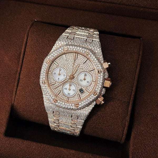 Luxury Full Iced Out VVS Moissanite Diamond Men's Watch, 2-Tone Gold Plated 42mm Stainless Steel Chronograph Working