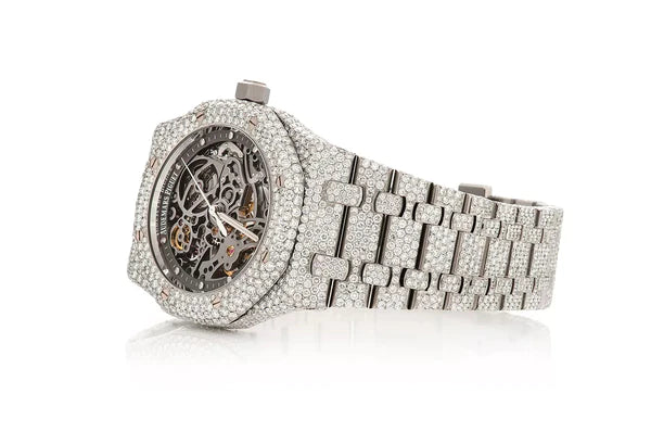 Luxurious Moissanite Diamond Iced Out Men's Watch, Skeleton Design, White Gold Plated, Premium Timepiece