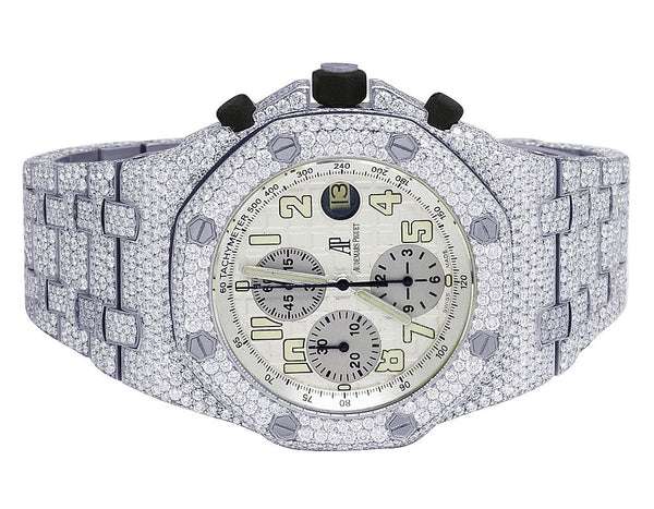 Automatic Moissanite Iced Out VVS Diamond Men's Watch, Stainless Steel All Chronograph Working, White Gold Plated 42mm