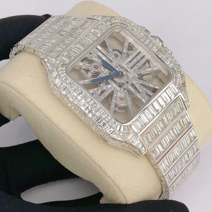 MW Premium Moissanite Skeleton Baguette Watch Automatic Movement  Square Dial Stainless Steel  Studded Watch Hip Hop Bust Down VVS  Iced Out  MW_C1020