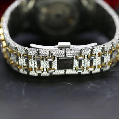 Baguette & Round VVS Moissanite Diamond Full Iced Out Watch, Stainless Steel Self-Winding Diamond Watch for Him