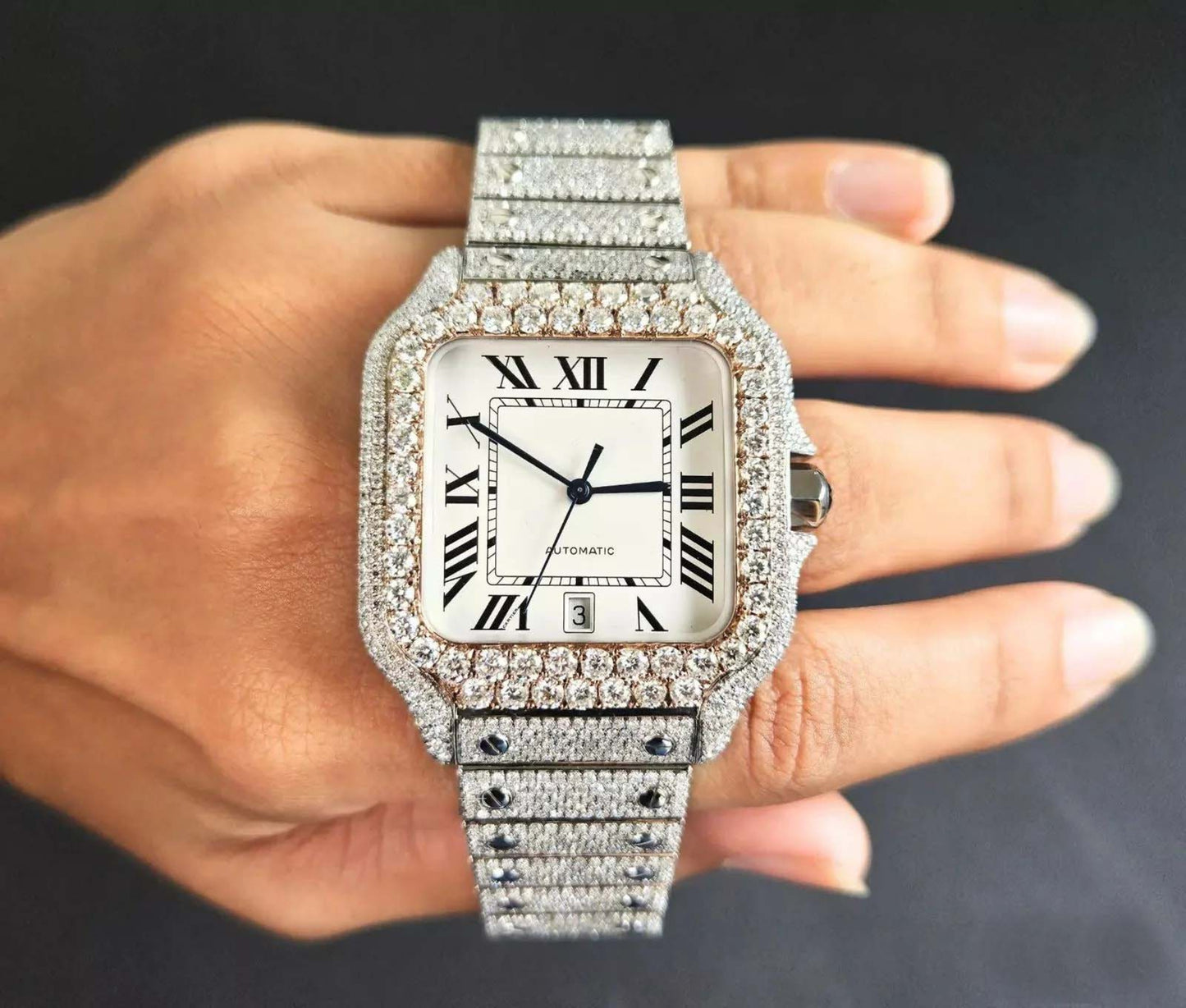 Fully Iced Out Automatic Classic Moissanite Diamond Watch Buss Down Watch in Stainless Steel