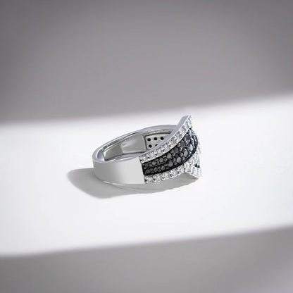 925 Sterling Silver Crossover Ring for Women – Simulated Black & White Moissanite Cubic Zirconia Engagement Band