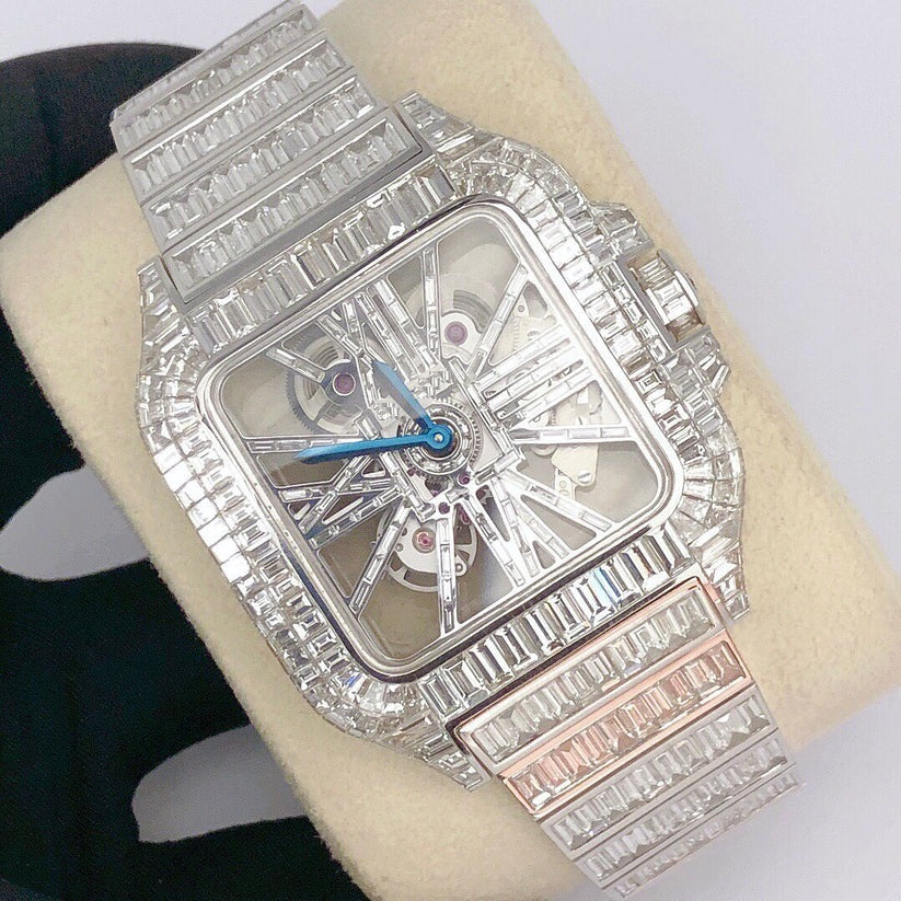 MW Premium Moissanite Skeleton Baguette Watch Automatic Movement  Square Dial Stainless Steel  Studded Watch Hip Hop Bust Down VVS  Iced Out  MW_C1020