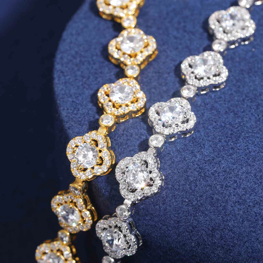 10mm Moissanite Halo Four-Leaf Clover Tennis Bracelet – VVS Diamond-Look Lucky Charm Jewelry in 925 Silver, Yellow, Rose & White Gold Finishes