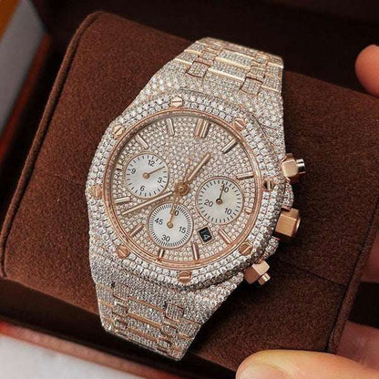 Luxury Full Iced Out VVS Moissanite Diamond Men's Watch, 2-Tone Gold Plated 42mm Stainless Steel Chronograph Working