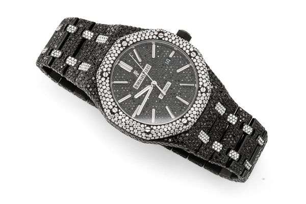 Full Iced Out Black and White VVS Diamond Men's Watch, Stainless Steel Black Gold Plated 42mm – Luxury Chronograph