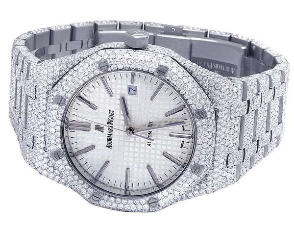 Automatic Iced Out VVS Moissanite Diamond Men's Watch, Stainless Steel White Gold, Arabic Font, 42mm White Dial Watches