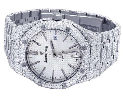 Automatic Iced Out VVS Moissanite Diamond Men's Watch, Stainless Steel White Gold, Arabic Font, 42mm White Dial Watches