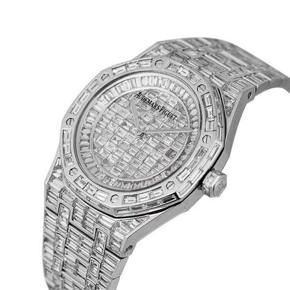 Full Iced Out VVS Baguette Moissanite Diamond Men's Watch, Stainless Steel White Gold Plated 42mm – Luxury Chronograph