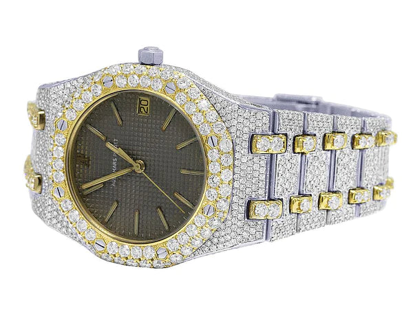 Luxury Full Iced Out VVS Diamond Men's Watch, Stainless Steel 2-Tone Gold Plated 42mm - High-End Fashion Timepiece