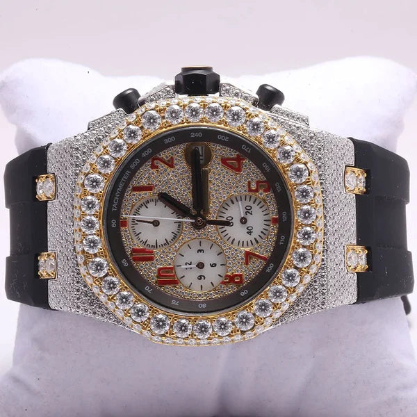 Luxury Iced Out VVS Diamond Men's Watch, 42mm Black Silicone Band, Chronograph Function