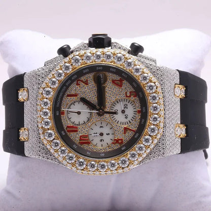 Luxury Iced Out VVS Diamond Men's Watch, 42mm Black Silicone Band, Chronograph Function