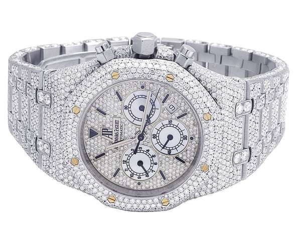 Iced Out VVS Diamond Men's Watch, Stainless Steel White Gold Plated, All Chronograph Working, 42mm Luxury Timepiece