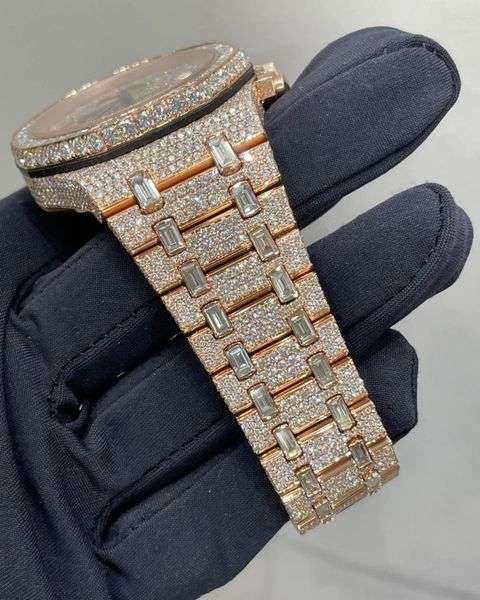 Full Iced Out VVS Baguette & Round Moissanite Diamond Men's Automatic Watch, 42mm Rose Gold Plated Chronograph Working