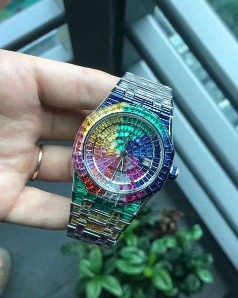 Full Iced Out Rainbow Baguette Moissanite Diamond Men's Watch, 42mm Stainless Steel White Gold Plated