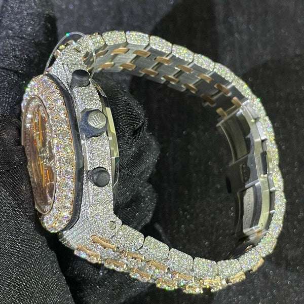 D Color Moissanite Diamond Men's Watch, 42mm Stainless Steel Chronograph, White & Rose Gold Plated Christmas Gift Watch