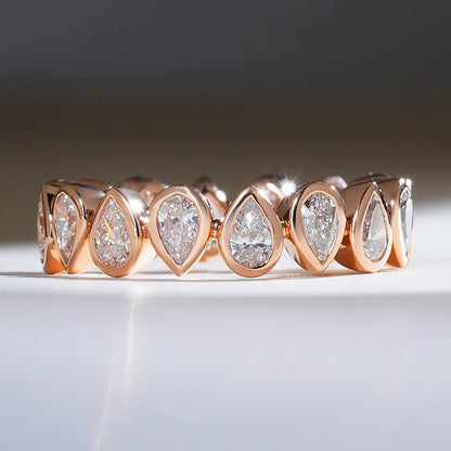 Pear Cut Bezel Moissanite Band – 925 Sterling Silver Pear Diamond Bridal Ring for Women | Elegant Wedding Band or Stackable Gift