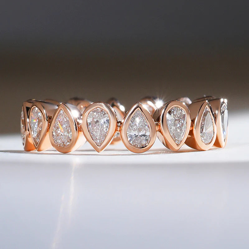Pear Cut Bezel Moissanite Band – 925 Sterling Silver Pear Diamond Bridal Ring for Women | Elegant Wedding Band or Stackable Gift