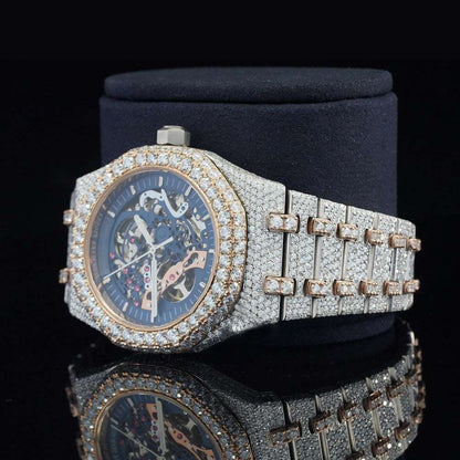 Moissanite Diamond Iced-Out Blue Dial Skeleton Watch – Automatic Luxury Timepiece for Men with Ultimate Shine & Bold Style