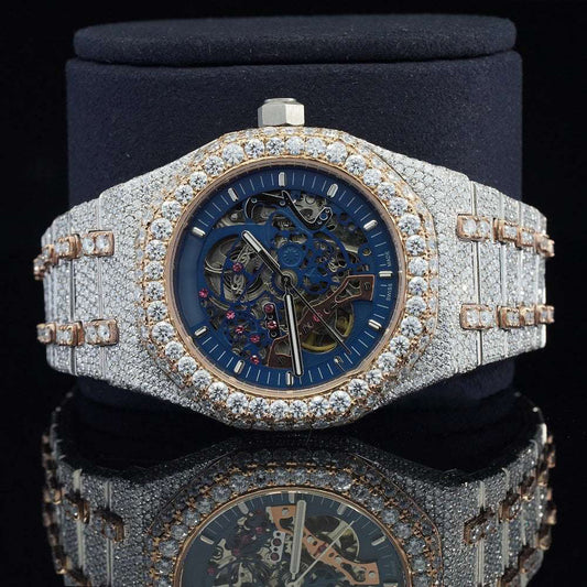 Moissanite Diamond Iced-Out Blue Dial Skeleton Watch – Automatic Luxury Timepiece for Men with Ultimate Shine & Bold Style