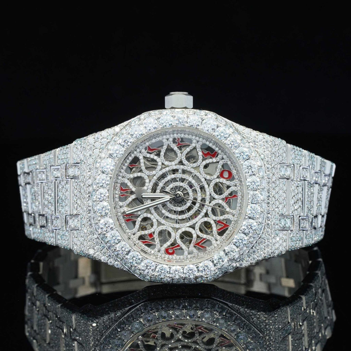 Iced-Out Moissanite Skeleton Watch – Red Arabic Numerals, Automatic Movement, Luxury Bling Timepiece for Men