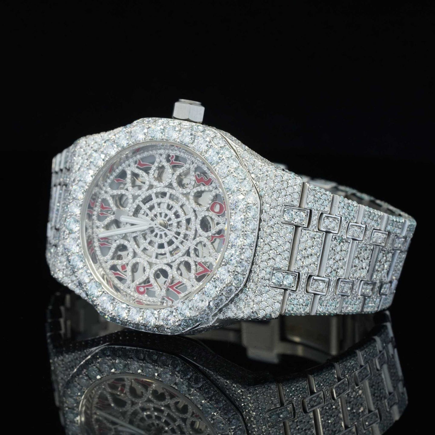 Iced-Out Moissanite Skeleton Watch – Red Arabic Numerals, Automatic Movement, Luxury Bling Timepiece for Men